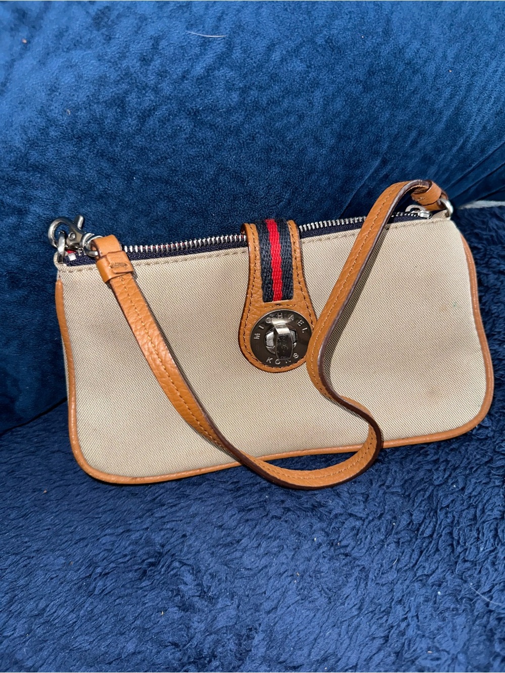 Michael Kors Beige Canvas Shoulder Bag with Tan Leather Trim and Stripe Accent